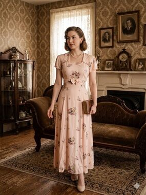 Vintage 80’s 90’s Decked Out Pink Floral Maxi Dress Cottagecore Size 3/4
